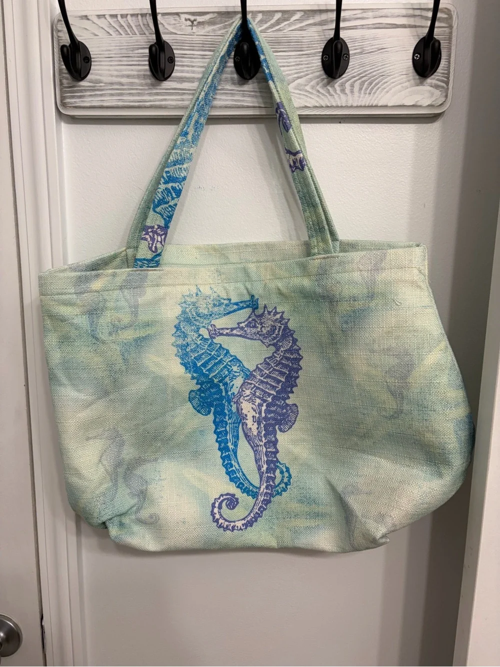 Sun Shirt Seahorse Canvas Tote in Aqua & Lavender